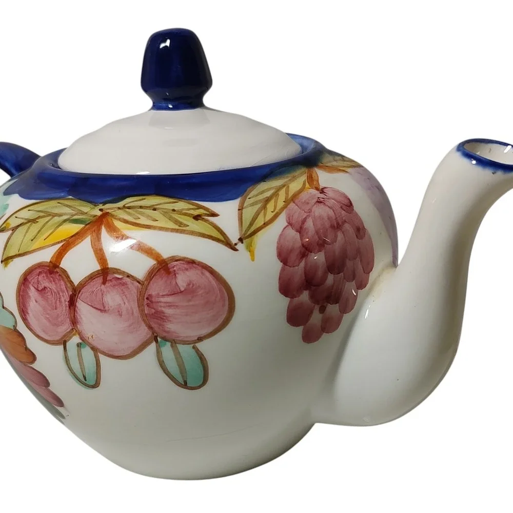BIA Cordon Bleu International Teapot with Lid Hand Painted Fruit Blue Trim‎ SEE